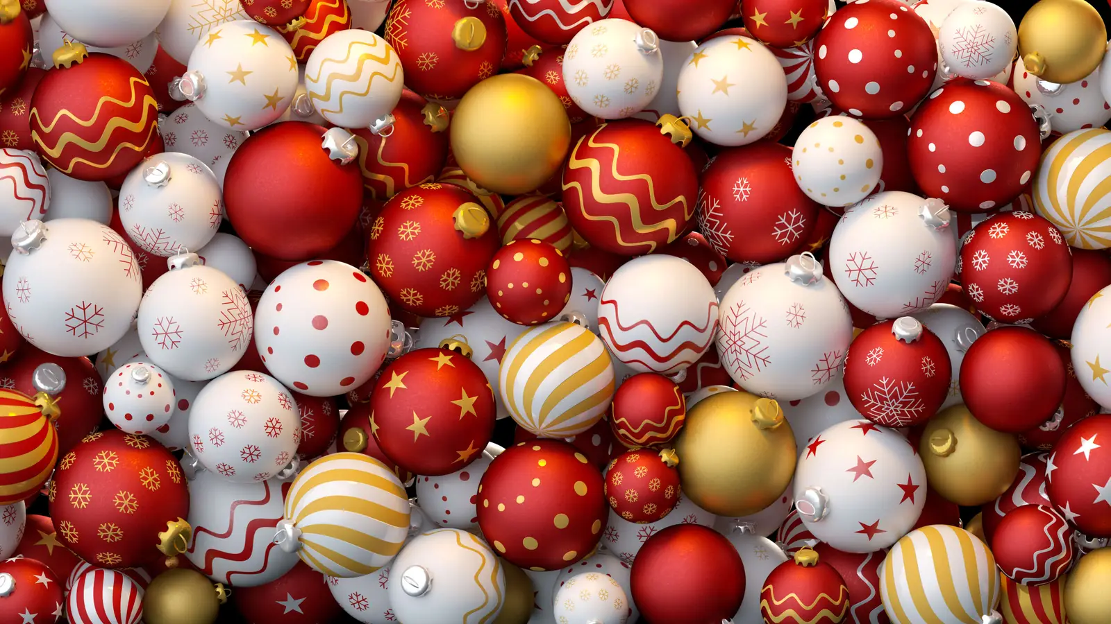 Red, white and gold Christmas baubles